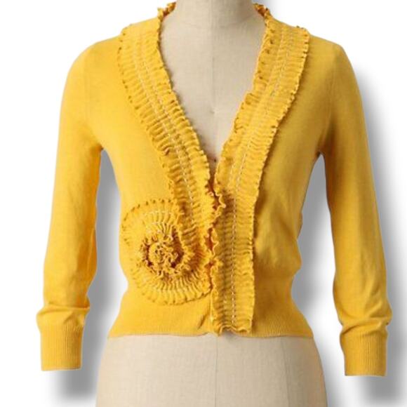 Anthropologie SPARROW Cardigan Sweater Marigold Yellow Ruffle Size XS Romantic - Picture 1 of 10